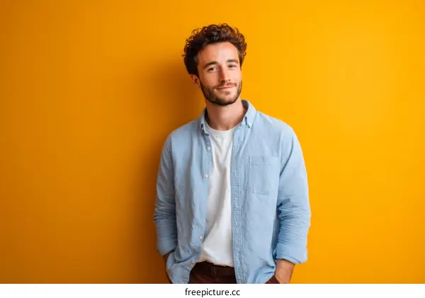 Smiling Caucasian Male Portrait Against Bright Orange Background