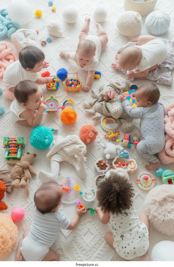 Multiracial babies playing with toys on a white carpet