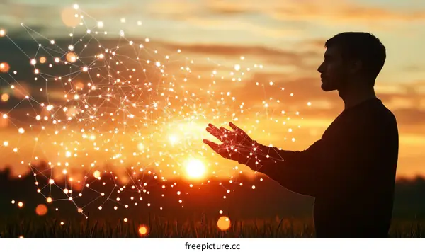 Man Connecting to the Digital Universe at Sunset