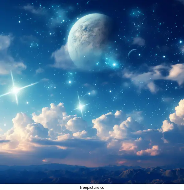 Fantasy landscape with blue planet and stars