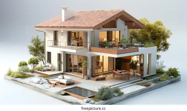 3D rendering of a two-story house with a pool and a garden