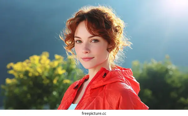 A young woman with curly red hair wearing a red jacket stands outdoors