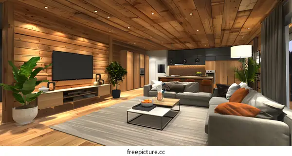 A modern living room with wood walls and a gray sofa