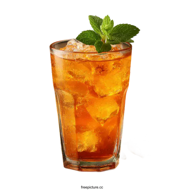 [Transparent Background PNG]Refreshing Iced Black Tea with Mint Leaves and Ice Cubes