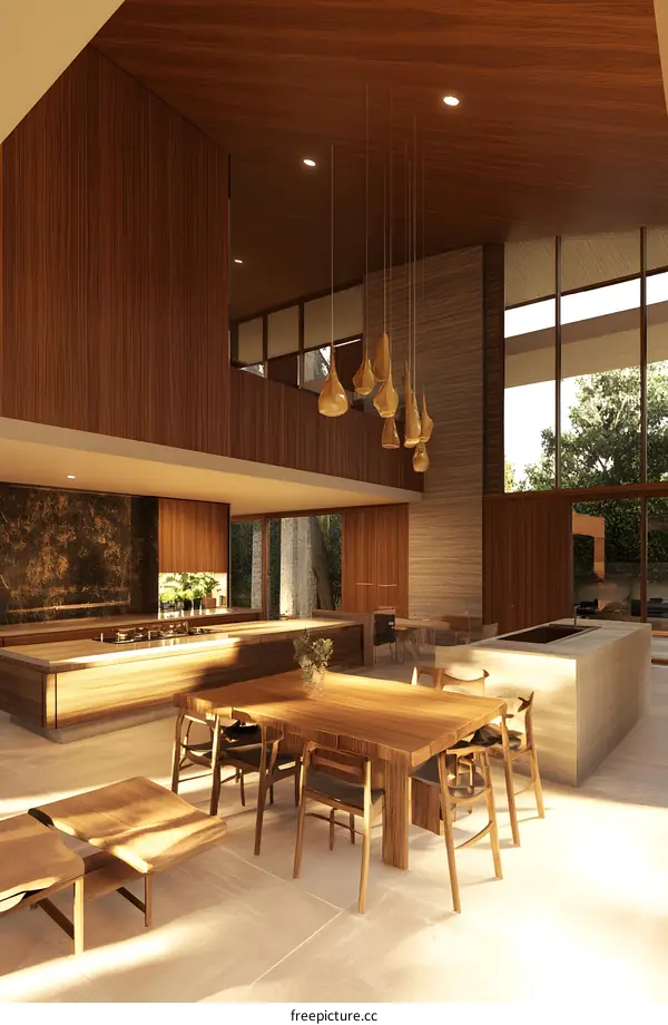 Modern Minimalist Home Interior Design with Wooden Walls and Large Windows