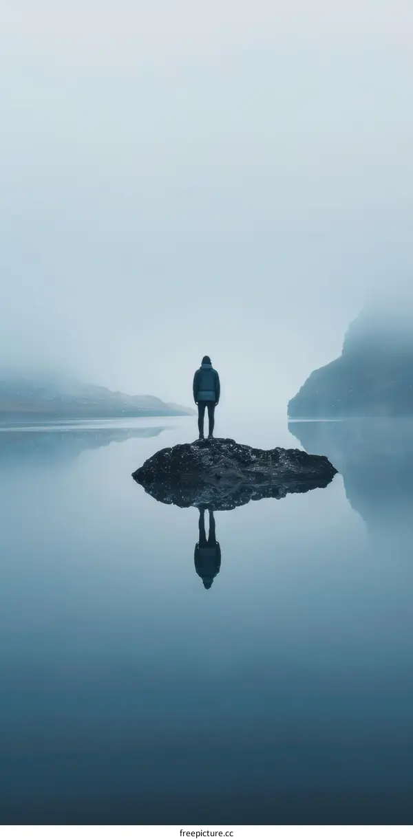 Man standing alone on a rock in the middle of a lake with mountains in the background
