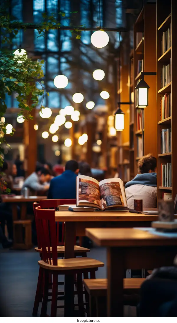 Blurred background of a library with people sitting at tables reading books