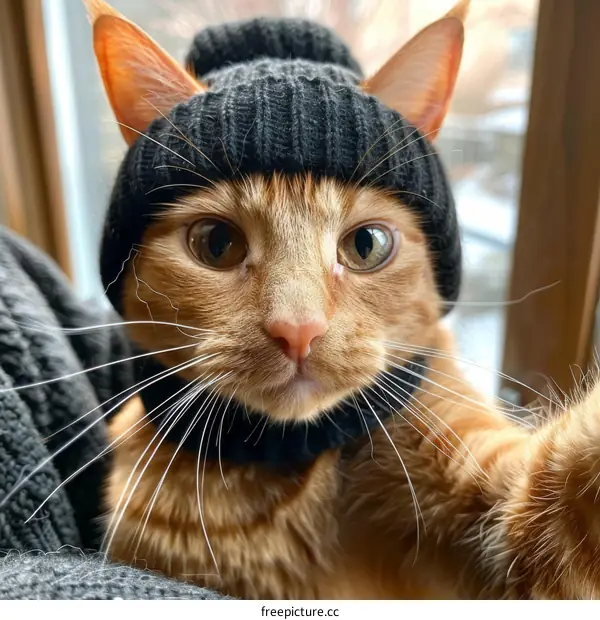 A ginger cat wearing a black beanie