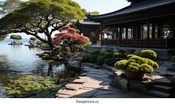 oriental lake house with reflection in water