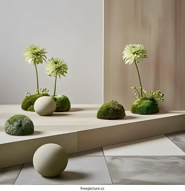 Minimalist Floral Arrangement with Green Flowers and Mossy Balls