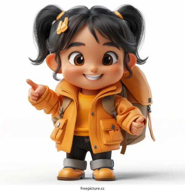Cute Cartoon Girl with Backpack and Pigtails