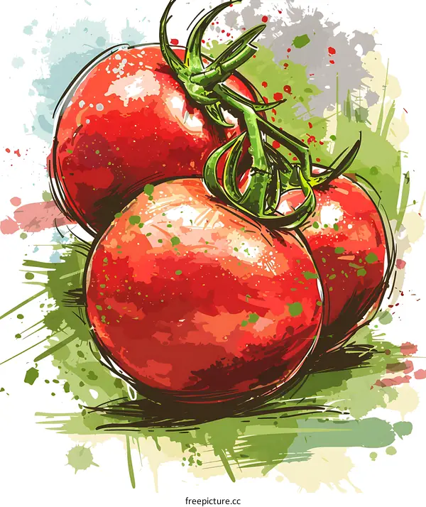 Watercolor Painting Of Red Tomatoes On A Vine