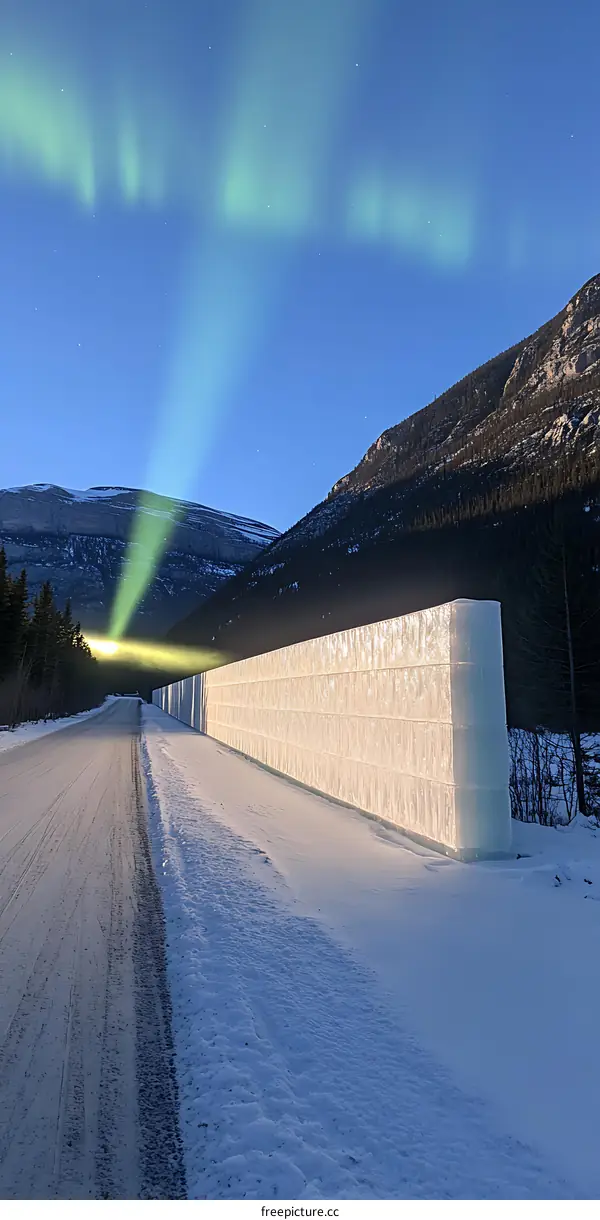 Aurora Borealis Shining Over a Snowy Road and Ice Wall