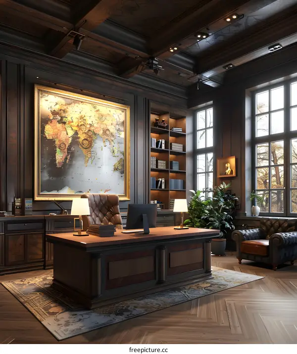 Luxury office interior with vintage globe and wooden furniture