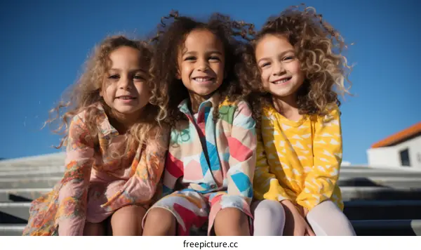 Three young girls with curly hair sitting on the steps and smiling