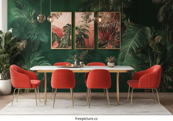 Tropical Dining Room Setting with Red Velvet Chairs