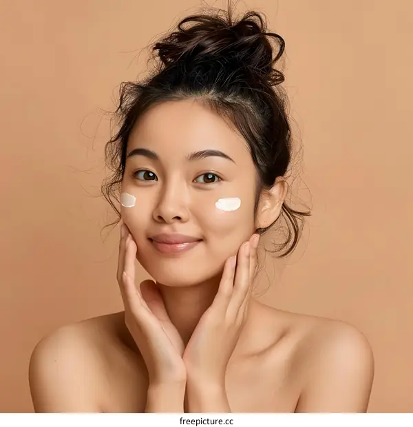 Beautiful Asian Woman Applying Facial Cream
