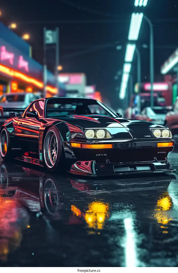 Black Sports Car Parked at Night in City with Lights Reflecting on Wet Pavement