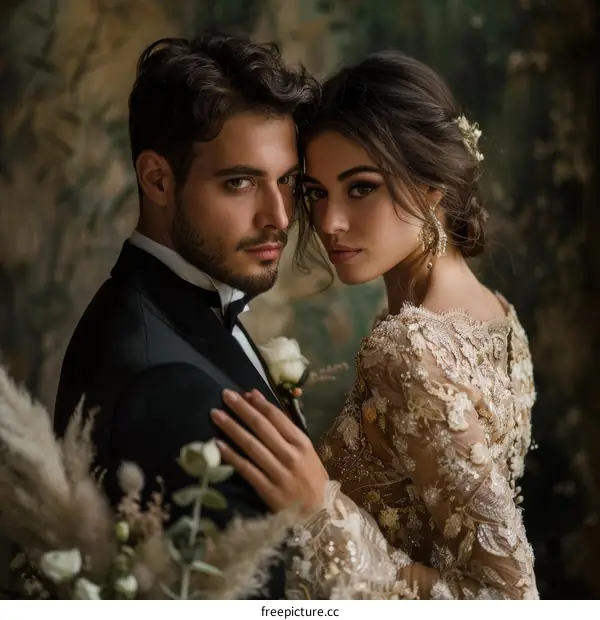 A young couple posing for a wedding photo in front of a green background