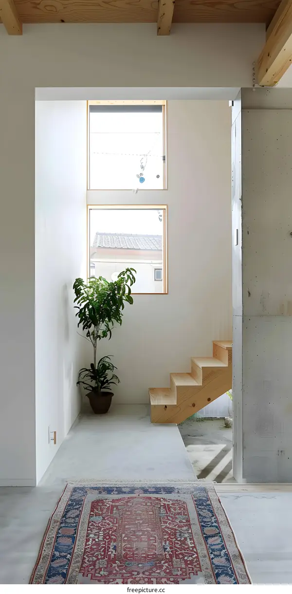 Modern Minimalist Home Interior Design With Wooden Stairs