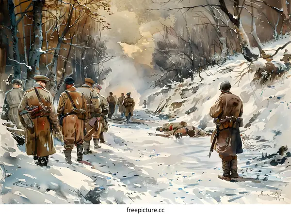 A group of soldiers walking through a snowy forest
