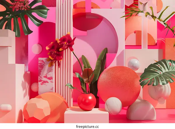 Pink and Orange Geometric Shapes with Flowers and Plants
