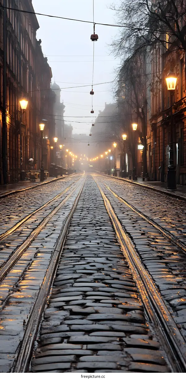 Empty Cobblestone Street With Streetlights In The Fog
