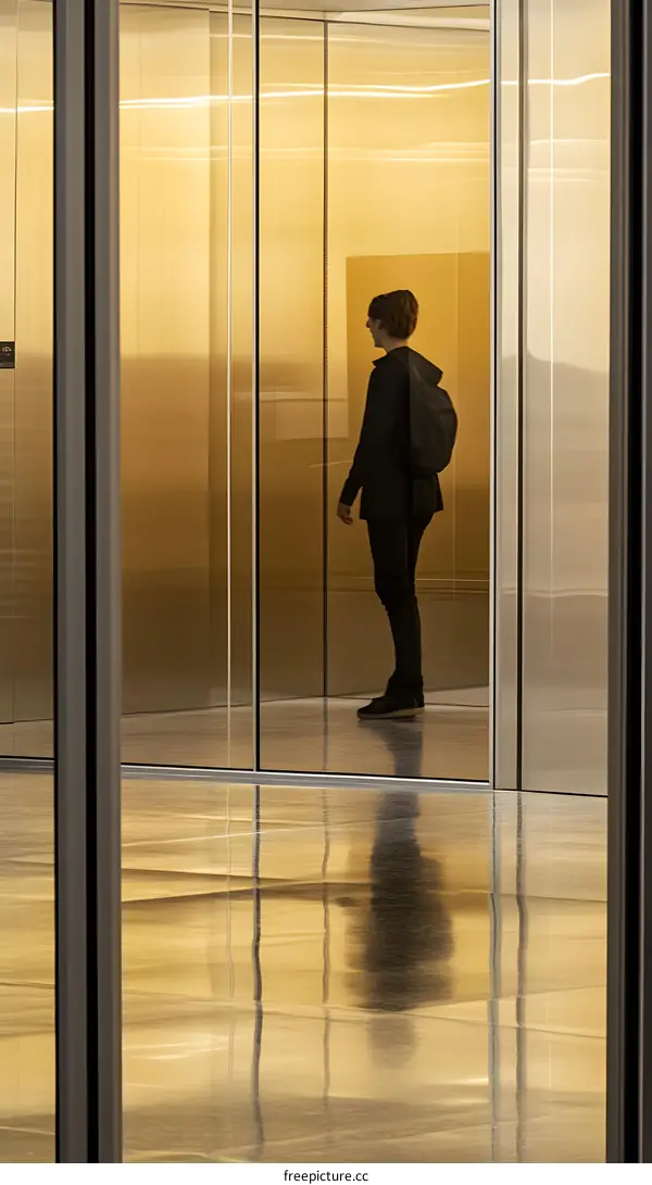 Silhouette of a Woman Standing in a Modern Glass Elevator