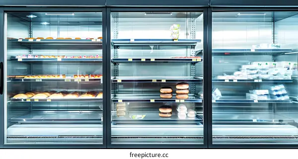 Refrigerated display case filled with bread and other food items