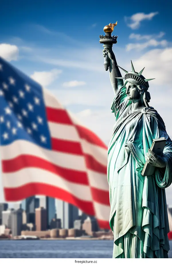 Statue of Liberty in New York City with American Flag waving in the breeze
