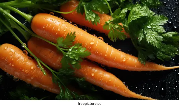 Fresh carrots with water drops