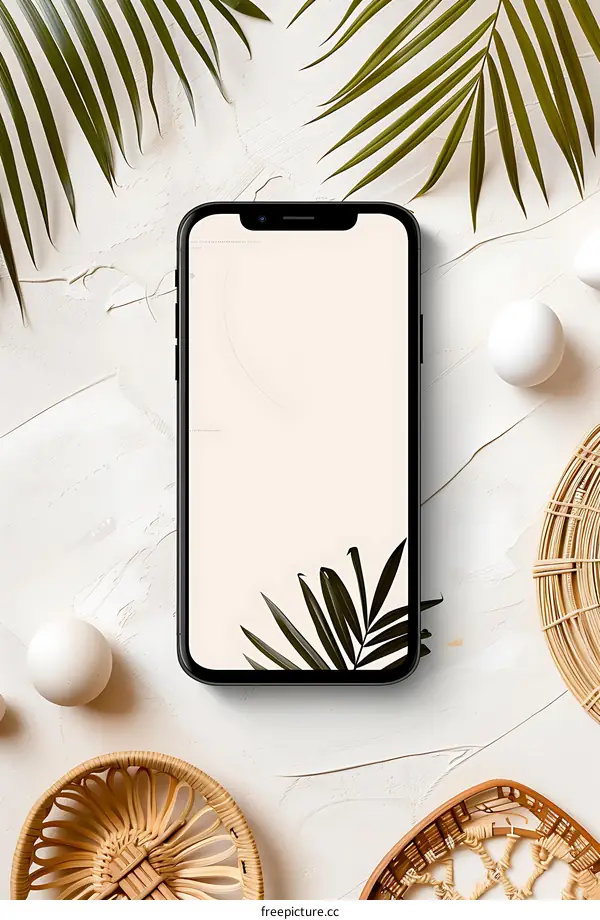 Minimalist Phone Mockup With Palm Leaves And White Background