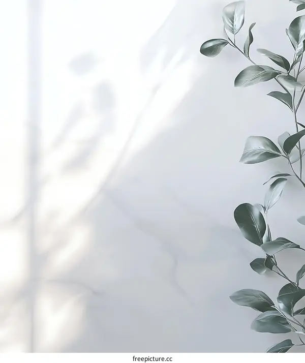 Green Leaves Shadow on White Marble Background
