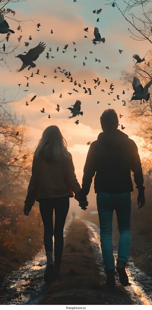 Couple Walking Hand in Hand Towards the Sunset with Birds Flying Overhead