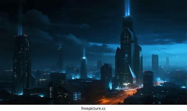 Futuristic Urban Nightscape with Illuminated Skyscrapers and Cloudy Sky