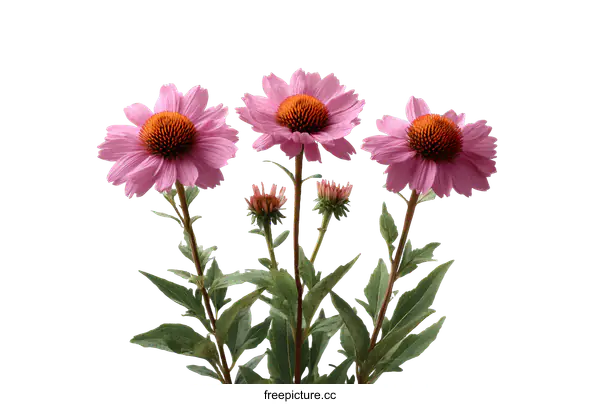 [Transparent Background PNG]Three Pink Coneflowers Against a White Background