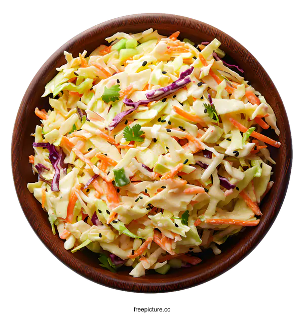[Transparent Background PNG]Coleslaw salad in a wooden bowl isolated on white