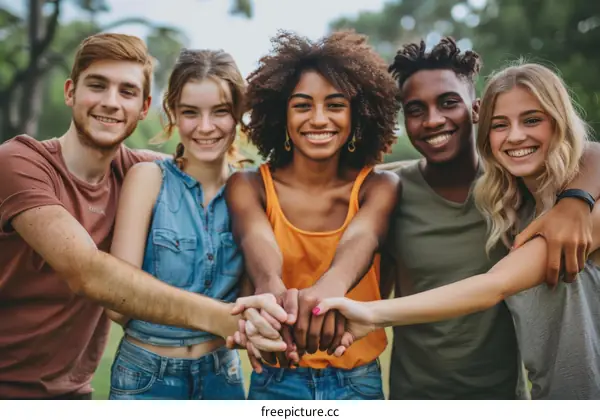 Portrait of a diverse group of young people holding hands and smiling at the camera