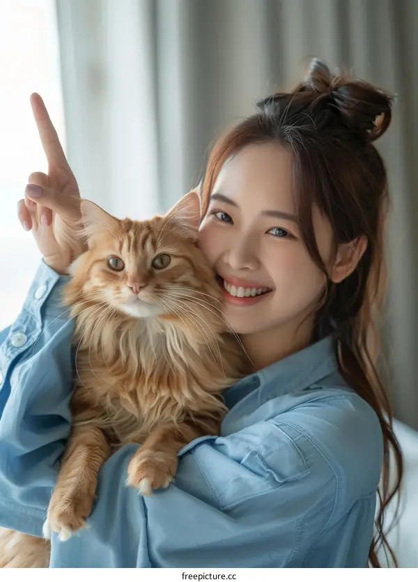 A smiling woman in a blue shirt is holding an orange cat.