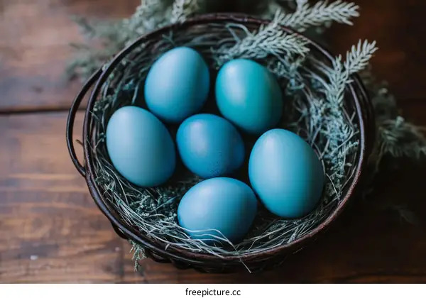 Blue Easter Eggs in a Basket on Wooden Table