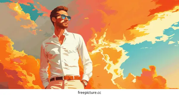 Bearded man wearing sunglasses standing in front of a colorful sky