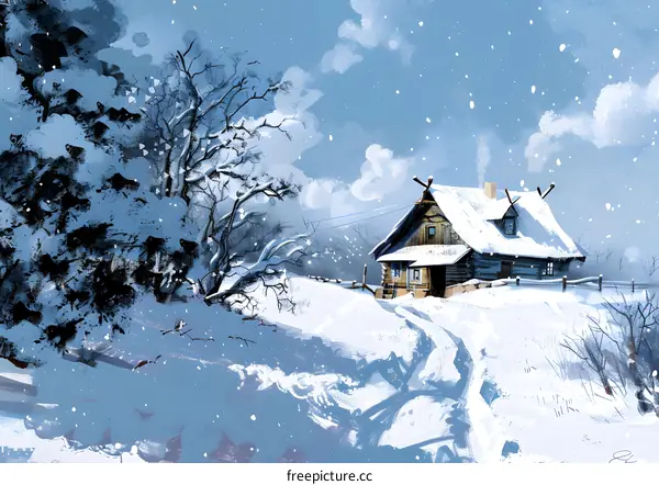 Snowy Winter Cabin Landscape Illustration