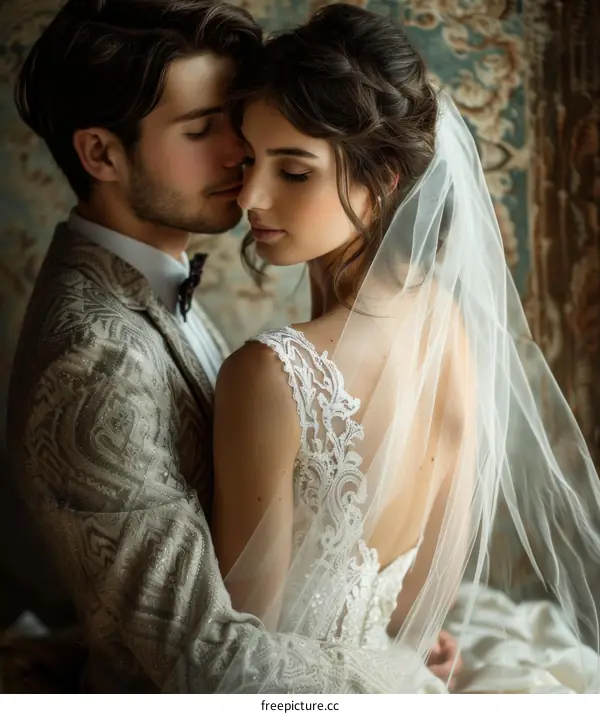 An intimate moment between a loving couple on their wedding day