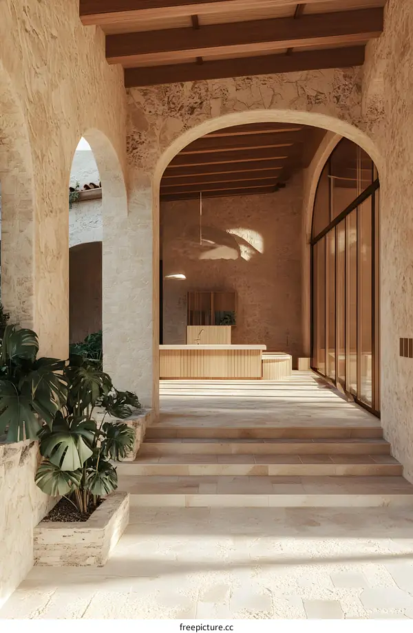 Minimalist Stone Archway Entrance to Modern Kitchen