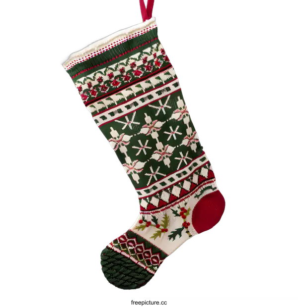 [Transparent Background PNG]Green and Red Christmas Stocking with Snowflake Pattern