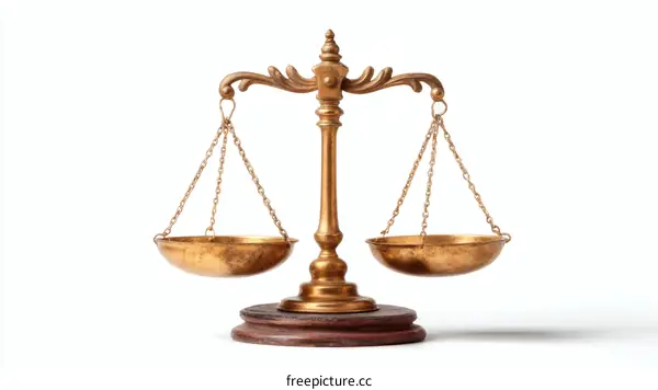 Antique Gold-Colored Justice Scales on a White Background
