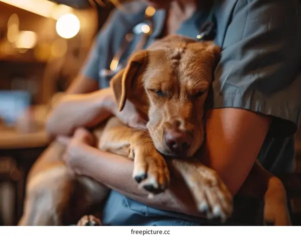 A veterinarian is comforting a dog in a dimly lit room
