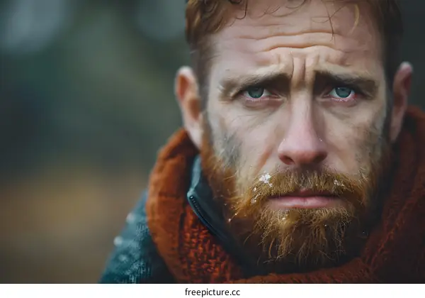 Close Up Portrait of a Man With a Beard Covered in Snow