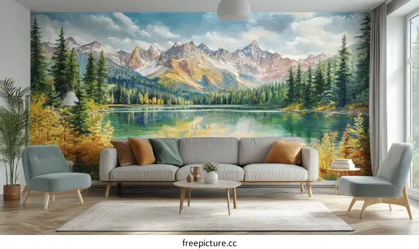 Autumn Mountain Lake Scenic Landscape Painting