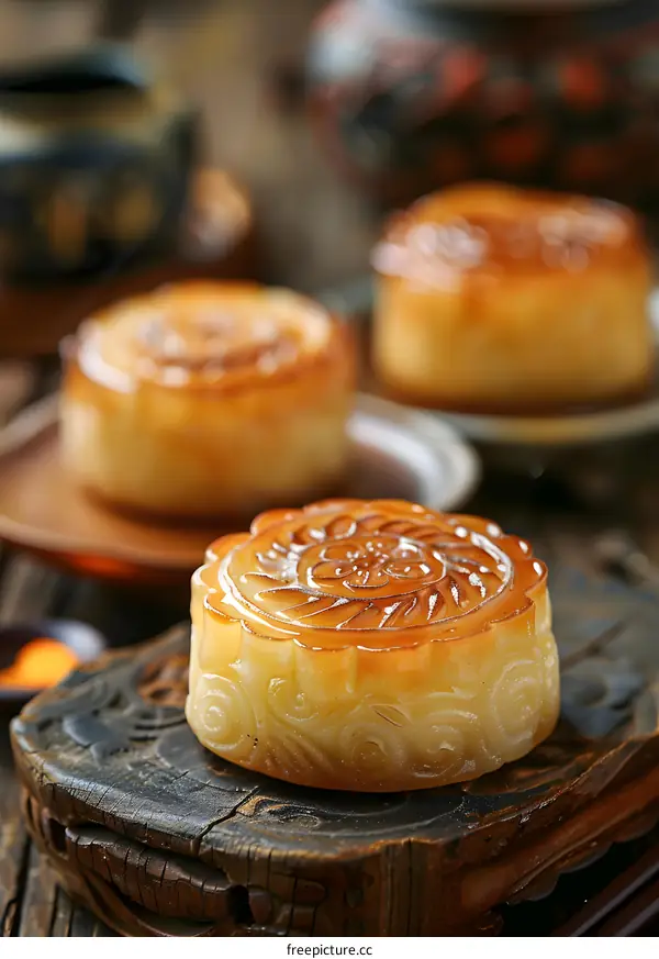 Delicious Mooncakes on Wooden Plate